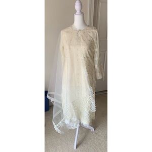 Cream Embroidered Shalwar Kameez with Sheer Overlay
